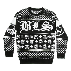 Black and white Jacquard Skully Sweater with BLS text and skull motifs from Black Label Society