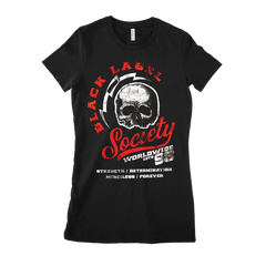 Black t-shirt with red and white skull design from Ladies Bolt Script collection