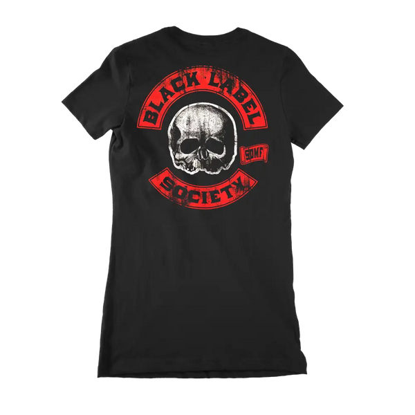 Black t-shirt featuring red and white skull design and Black Label Society text, Ladies Bolt Script