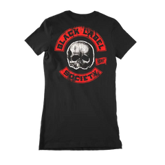 Black t-shirt featuring red and white skull design and Black Label Society text, Ladies Bolt Script