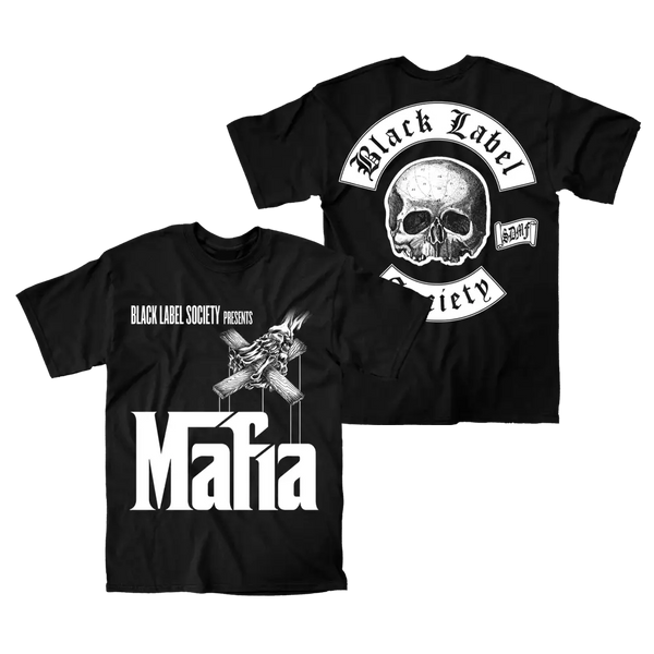 Black Label Society Mafia Album Art Tee featuring skull designs and text graphics