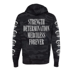 Black Camo hoodie featuring skull designs and white text, perfect for Mafia Crest style