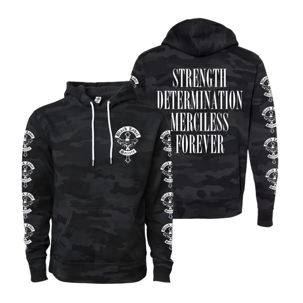 Mafia Crest Black Camo Pullover Hoodie featuring skull graphics and bold text design