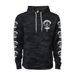 Black hoodie featuring white skull and text designs, perfect for Mafia Crest Black Camo