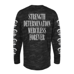 Black camo long-sleeve shirt featuring skull designs and Mafia SDMF black text