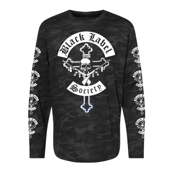 Black camo longsleeve featuring White Skull and Cross design, Black Label Society text