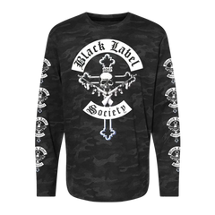 Black camo longsleeve featuring White Skull and Cross design, Black Label Society text