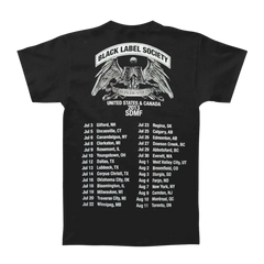 Black Metal Skully Wings T-shirt featuring band tour schedule and eagle logo on back