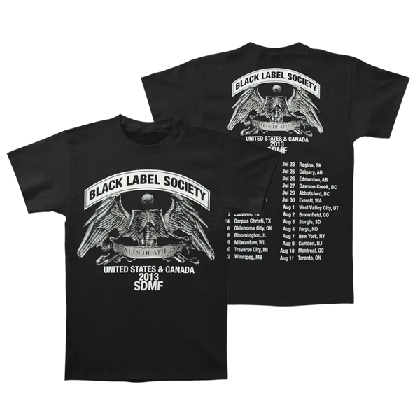 Black T-shirt featuring Black Label Society logo and tour dates, Metal Skully Wings design