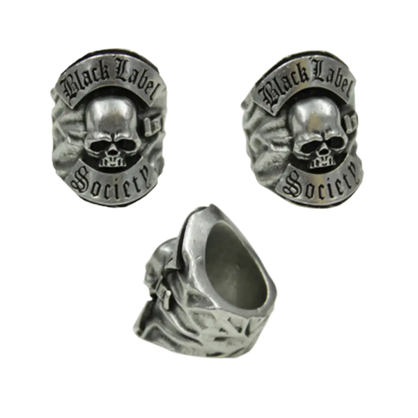 Silver skull ring with Black Label Society text, part of the Official BLS Ring collection