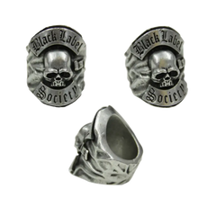 Silver skull ring with Black Label Society text, part of the Official BLS Ring collection