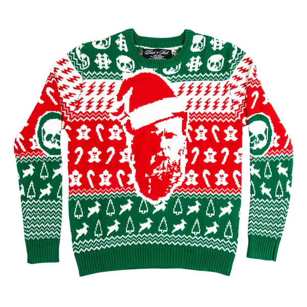 Santa Zakk Sweater featuring Santa face, skulls, and geometric patterns in festive colors