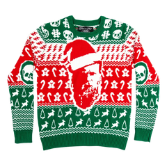 Santa Zakk Sweater featuring Santa face, skulls, and geometric patterns in festive colors