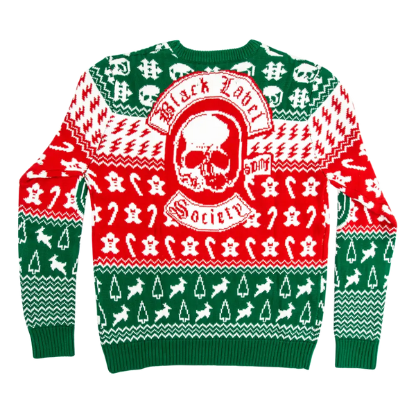 Christmas-themed Santa Zakk Sweater with skull motifs in red, green, and white