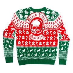 Christmas-themed Santa Zakk Sweater with skull motifs in red, green, and white