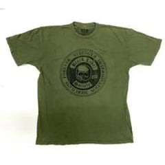 Olive green SDMF Circle Logo Tee with skull design, inspired by Black Label Society