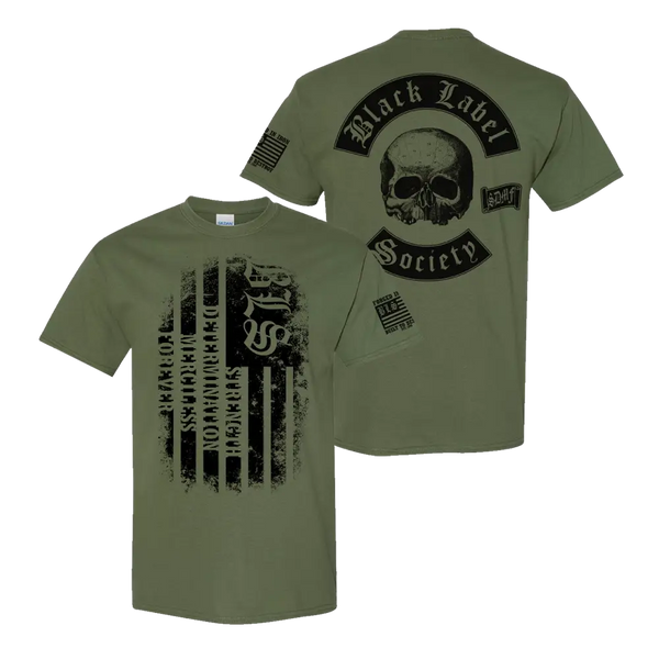 Military green t-shirt featuring patriotic skull graphics, SDMF Military Green Flag design