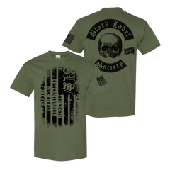 Military green t-shirt featuring patriotic skull graphics, SDMF Military Green Flag design