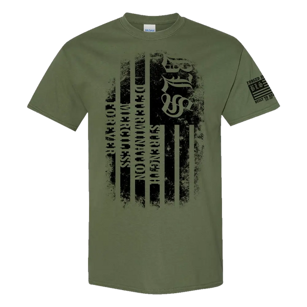 Olive green t-shirt featuring distressed American flag and medical symbols, SDMF Military Green