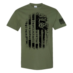 Olive green t-shirt featuring distressed American flag and medical symbols, SDMF Military Green