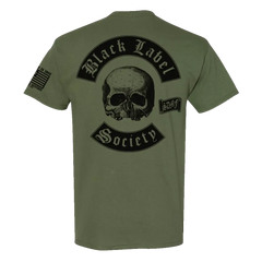 Military green t-shirt with skull design and Black Label Society text on back