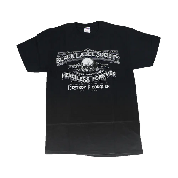 Black Label Society SDMF Old Crest Tee featuring white skull and text design