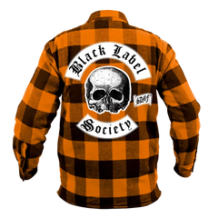 Orange and black checkered flannel jacket with Black Label Society skull logo on back