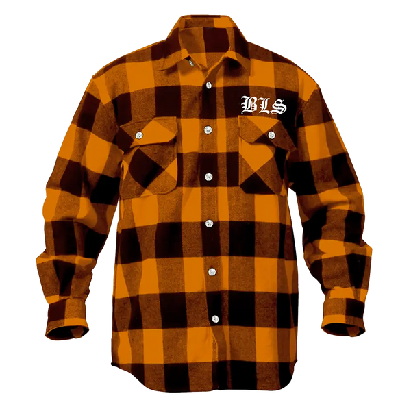 Orange and black checkered flannel shirt with BLS embroidered, perfect for Halloween