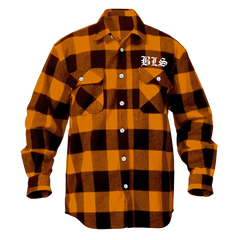 Orange and black checkered flannel shirt with BLS embroidered, perfect for Halloween