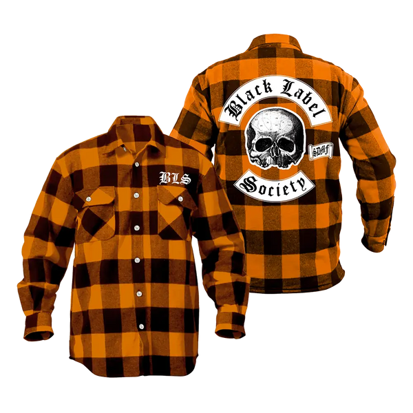 SDMF Orange and Black Halloween Flannel featuring a skull logo on the back