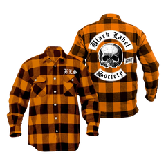 SDMF Orange and Black Halloween Flannel featuring a skull logo on the back