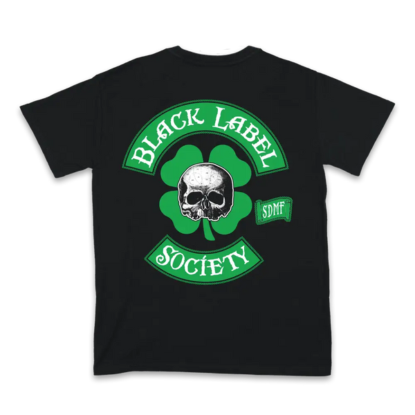 Black Patricks Day tee with green circular logo featuring skull and shamrock design