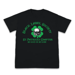 Black St. Patrick’s Day tee featuring Black Label Society design with skull and shamrock