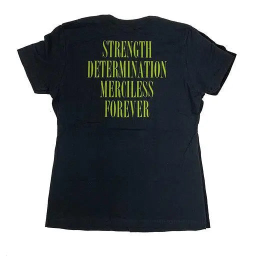 Black SDMF Womens Skully Tee featuring green text reading STRENGTH DETERMINATION MERCILESS FOREVER