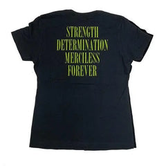 Black SDMF Womens Skully Tee featuring green text reading STRENGTH DETERMINATION MERCILESS FOREVER