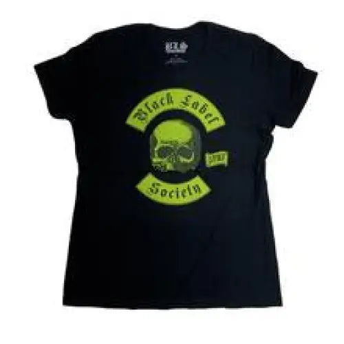 Black t-shirt featuring neon green skull design for SDMF Womens Skully Tee