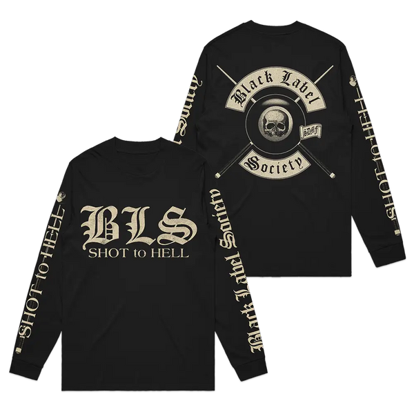 Black Shot To Hell Colors Longsleeve Tee with gothic skull graphics and text