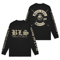 Black Shot To Hell Colors Longsleeve Tee with gothic skull graphics and text