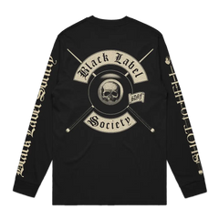 Black long-sleeved Shot To Hell Colors Longsleeve Tee with skull and text design