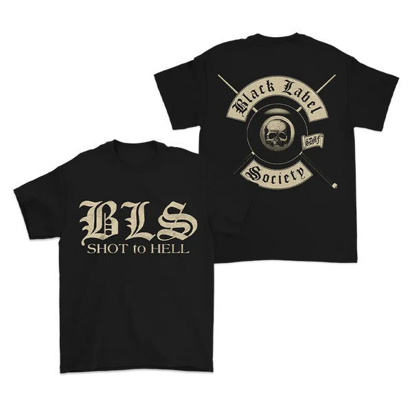 Black Shot To Hell Colors Tee featuring rock band-style graphics on front and back