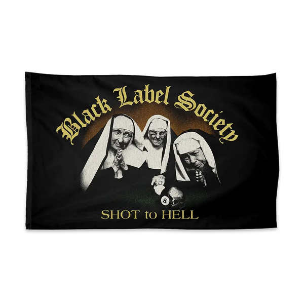 Black Shot To Hell Wall Flag with rock band logo and nuns imagery featuring skulls