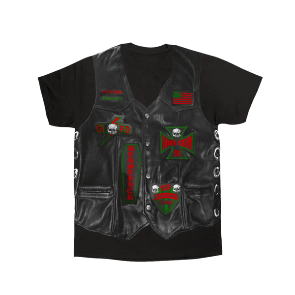 Black St. Nicholas Chapter Faux Vest Tee featuring printed leather biker vest design