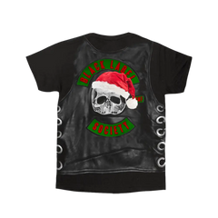 Black t-shirt featuring a skull in a Santa hat from Nicholas Chapter Faux Vest Tee