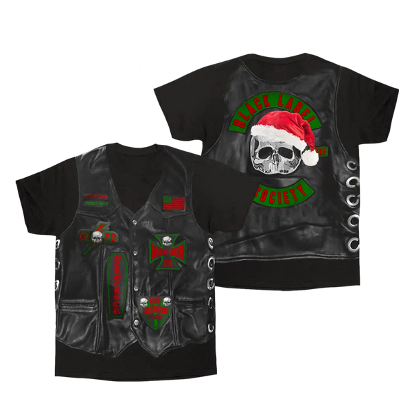 Black t-shirt with festive biker graphics, St. Nicholas Chapter Faux Vest Tee design