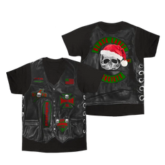 Black t-shirt with festive biker graphics, St. Nicholas Chapter Faux Vest Tee design