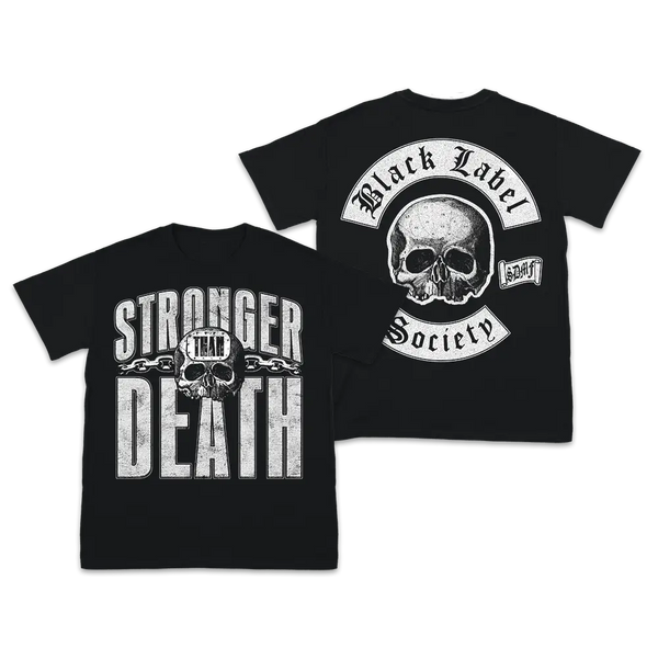 Two black death chains tees featuring skull designs and bold text