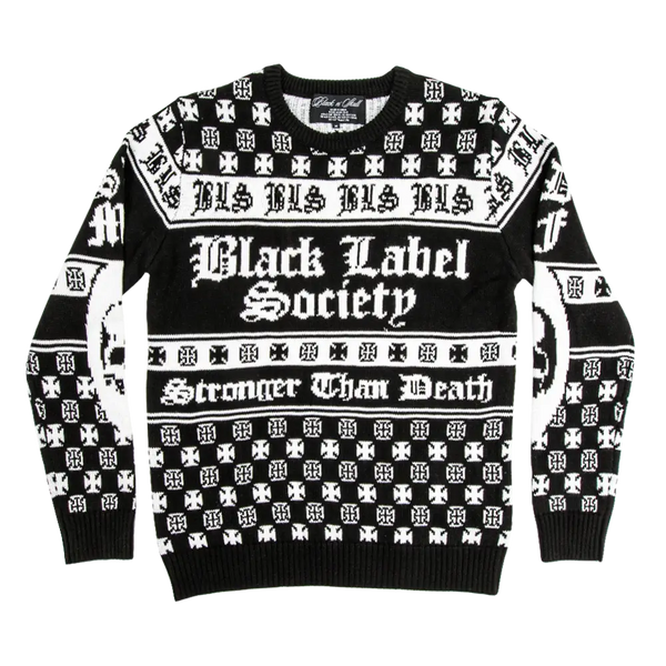 Black and white Stronger Than Death Christmas sweater with gothic patterns and Black Label Society