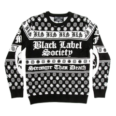 Black and white Stronger Than Death Christmas sweater with gothic patterns and Black Label Society