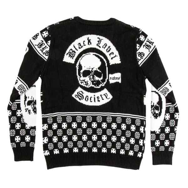 Black and white Stronger Than Death Christmas Sweater with skull and text designs