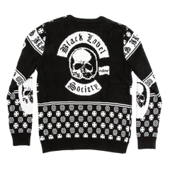 Black and white Stronger Than Death Christmas Sweater with skull and text designs